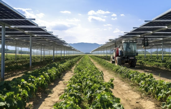 Agrivoltaïsme : panneaux solaires installés en hauteur permettant une culture agricole mécanisée