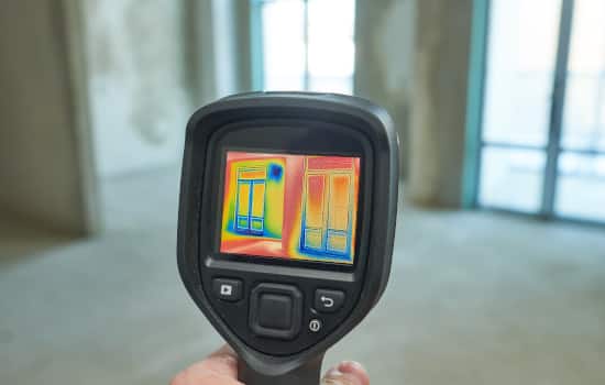 Inspection des fenêtres d'un bâtiment avec une caméra thermique afin de vérifier les déperditions de chaleur
