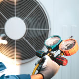 Technicien vérifiant la pression du fluide réfrigérant avec un manomètre et du besoin de nettoyage du filtre d'une la pompe à chaleur